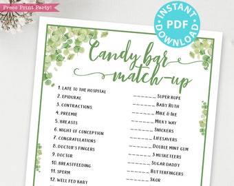 Eucalyptus Candy Bar Match-up Baby Shower Game Printable, Baby Shower Game Template, Funny Baby Shower Activities, Neutral INSTANT DOWNLOAD