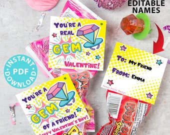 Ring Pop Valentine Cards Printable, Kids Valentines Cards, You're a Gem of a Friend, 2 designs, Classroom Valentines Tags, INSTANT DOWNLOAD