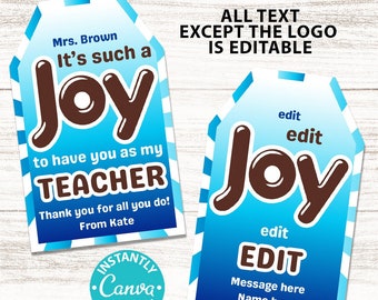 Joy Candy Thank You Gift Tag Printable Teacher Appreciation Week Nurse Assistant Staff Driver Such a Joy Pun Chocolate Candy Editable Favor