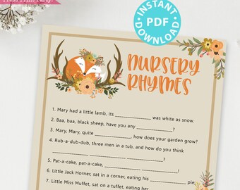 Woodland Theme Nursery Rhymes Baby Shower Game Printable, Rustic Baby Shower Game Template, Forest Animals Shower, Fox, INSTANT DOWNLOAD