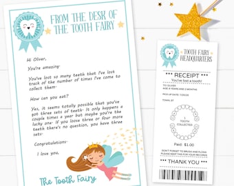 Editable Tooth Fairy Letter & Receipt and Tooth Fairy Envelope Printables, For Boys or Girls, Blue with Brunette Fairy,  INSTANT DOWNLOAD