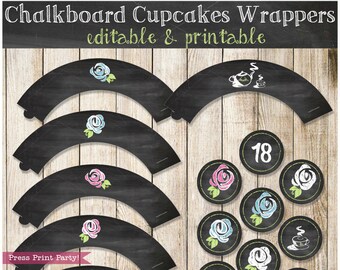Chalkboard Cupcake Wrappers and Toppers - Editable & Printable - Tea Party, Baby Shower or Bridal Shower - INSTANT download