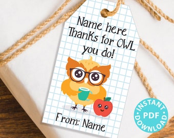 EDITABLE Teacher Appreciation Gift Tags Printable, Thank You Gift for Teacher or Staff, "Thanks for Owl you do!" INSTANT DOWNLOAD