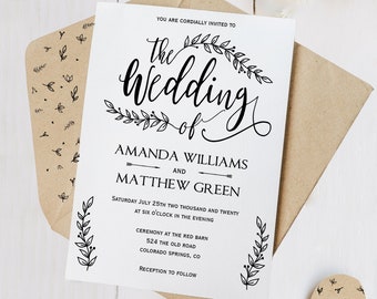 Wedding Invitation Suite Leaf Design, Wedding Invite Template Printable Set, Country Rustic, A7 Pocket Invitation, Kraft, INSTANT DOWNLOAD