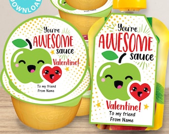 Applesauce Valentine Tags for Kids Printable for Pouches or Cups. Makes a Great Classroom Food Valentine - INSTANT DOWNLOAD