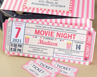 Movie Ticket Invitation and Decorations Printable set RED vintage, Movie Night Invitation, Birthday Party Decor Templates, INSTANT DOWNLOAD