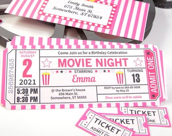 Movie Night Invitation Printables PINK, Movie Ticket Stub Invite, Vintage Ticket, Movie Ticket Template, Birthday party, INSTANT DOWNLOAD