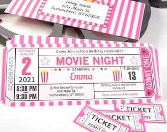 Invitación de noche de cine imprimibles PINK, invitación de talón de entrada de película, entrada vintage, plantilla de entrada de película, fiesta de cumpleaños, DESCARGA INSTANTÁNEA