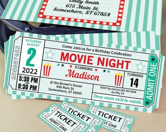 Movie Night Invitation Printables TEAL rustic Ticket, Movie Ticket Stub Invite, Movie Ticket Template, Birthday party, INSTANT DOWNLOAD