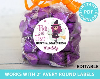Halloween Labels Printable Avery 2" Round Labels Customizable with Editable text, Halloween treat sticker, Purple Witch, INSTANT DOWNLOAD