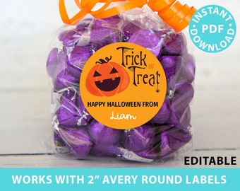 Halloween Labels Printable Avery 2" Round Labels Customizable with Editable text, Halloween treat sticker, Pumpkin, INSTANT DOWNLOAD