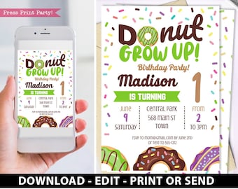Donut Grow Up Birthday Invitation Printable, Donut Baby Boy or Girl First Birthday Party Invitation, Green Sprinkles, INSTANT DOWNLOAD