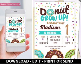 Donut Grow Up Birthday Invitation Printable, Donut Baby Boy First Birthday Party Invitation, Blue Sprinkles, INSTANT DOWNLOAD