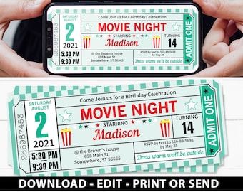 Movie Ticket Invitation Printables TEAL rustic, Movie Night Ticket Stub Invite, Movie Ticket Template, Birthday party, INSTANT DOWNLOAD