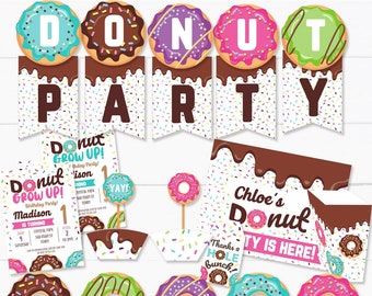 Donut Grow Up Birthday Party Printable Bundle, Donut Baby Girl or Boy, Donut Birthday Invitations and Donut Decorations, INSTANT DOWNLOAD