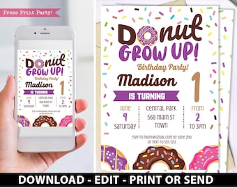 Donut Grow Up Birthday Invitation Printable, Donut Baby Girl First Birthday Party Invitation, Purple Sprinkles, INSTANT DOWNLOAD