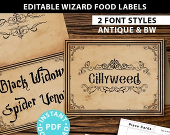 EDITABLE Wizard Food Labels Printable, Halloween Food Labels, Witch Wizard Party Theme, Vintage Halloween Decor Card Tent, INSTANT DOWNLOAD