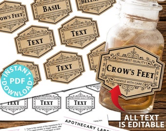 EDITABLE Apothecary Labels Printables, Halloween Potion Bottle Labels Stickers, Pantry Labels, Spice Labels, Wizard Party, INSTANT DOWNLOAD