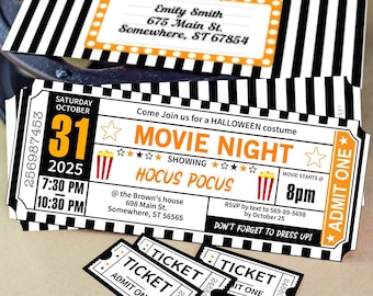 Halloween Movie Night Invitation Printables, Orange and Black Ticket Template, Ticket stub for Halloween Party Invite, INSTANT DOWNLOAD