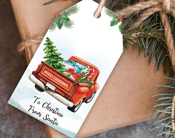 EDITABLE Merry Christmas Tag printable, Christmas Truck Tag, Holiday Gift Tag, Red Truck Personalized Christmas Tags, INSTANT DOWNLOAD