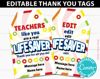 Lifesaver Thank You Gift Tags Printable Teacher Appreciation Week Nurse Staff Driver Assitant, You're a Real Lifesaver Candy Editable Favor