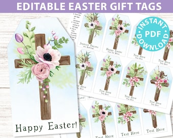 EDITABLE Easter Gift Tags Printable, Easter Basket Tag, Religious Happy Easter, Watercolor Crosses w. Flowers, 4 designs, INSTANT DOWNLOAD