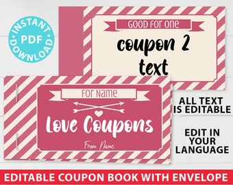 Valentines Coupons, Love Coupons Template for Valentine's Day Gift, Make Custom Coupon Book, Couple Coupons, Editable, INSTANT DOWNLOAD