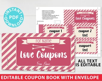 Love Coupons Template for Valentine's Day Gift, Valentines Coupons, Make Custom Coupon Book, Couple Coupons, Editable, INSTANT DOWNLOAD