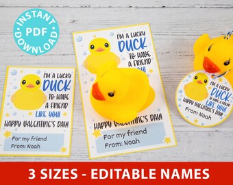 I'm a Lucky Duck to Have a Friend Like You Kids Valentine Card Printable, Blue, Gift Tag, School Classroom, Rubber Duck, INSTANT DOWNLOAD