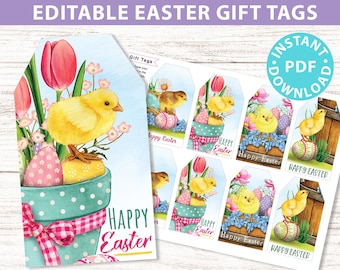 EDITABLE Easter Gift Tags Printable, Easter Basket Tag, Happy Easter Gift, Watercolor Easter Chicks w. Flowers, 4 designs, INSTANT DOWNLOAD