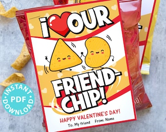 Valentine Chip Bag Tag Printable, Kids Valentines Cards for School Classroom, Personalize Names, I <3 our Friend-chip, INSTANT DOWNLOAD