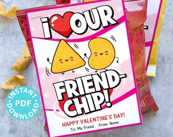 Valentine Chip Bag Tag Printable Pink, Kids Valentines Cards for School Classroom, Personalize Names, I <3 our Friend-chip, INSTANT DOWNLOAD