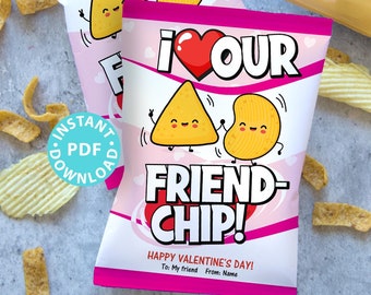 Valentine Chip Bag Wrap Printable Template Pink, Kids Valentines Cards, EDITABLE, I <3 our Friend-chip, School Classroom, INSTANT DOWNLOAD