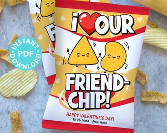 Valentine Chip Bag Wrap Printable Template, Kids Valentines Cards, EDITABLE Names, I <3 our Friend-chip, School Classroom, INSTANT DOWNLOAD