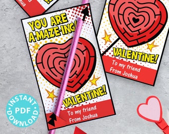 Pencil Valentine Card for Kids Printable, EDITABLE names, You are Amazing Valentine, Heart Maze Comic, School Classroom, INSTANT DOWNLOAD