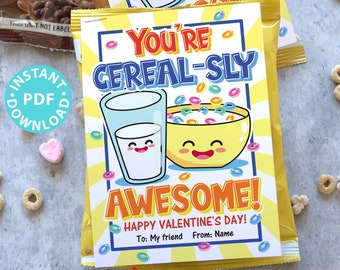 Valentine Tag Cereal Bags/ Boxes, Kids Valentines Cards Printable, EDITABLE names, You&#39;re Cereal-sly Awesome, School Classroom, INSTANT DWNL