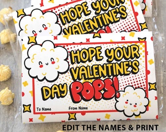 Valentine Popcorn Wrap Printable Personalized Popcorn Bags Kids Valentines Tags Hope Your Valentine's Day Pops Valentine Card from Teacher