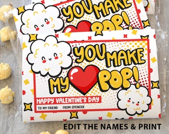 Valentine Popcorn Wrap Printable Personalized Popcorn Bags Tags Kids Valentines Cards You Make My Heart Pop Food Valentine INSTANT DOWNLOAD