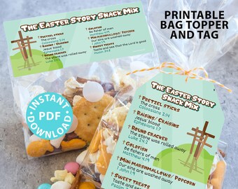 De Easter Story Snack Mix Afdrukbare Tag en Bag Topper, Easter Basket Filler voor kinderen, Paastraktaties, Paascadeau, INSTANT DOWNLOAD