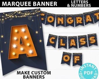 Graduation Banner Printable, Personalized Banner, Navy Marquee, Custom Template, Congrats Garland, ALL Letters and Numbers, INSTANT DOWNLOAD