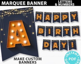 Happy Birthday Banner Printable, Personalized Banner, Navy Marquee, Custom Template, Congrats Garland, ALL Letters and Numbers, Bunting