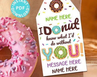 EDITABLE Thank You Gift Tags Donuts, School Teacher Nurse Bus Driver Staff Employee Appreciation Week, I Donut Know what I'd do without you