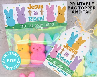 Easter Peeps Printable Tag and Bag Topper, Jesus is Risen Tell all Your Peeps, Religious Easter Basket Filler for Kids, INSTANT DOWNLOAD