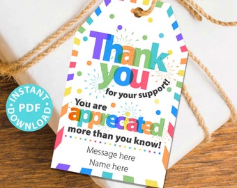 Thank You Gift Tags Printable, Teacher Appreciation, Nurse, Staff, Driver, Assitant, Thank You for Your Support, Editable, INSTANT DOWNLOAD