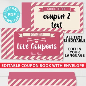 Valentines Coupons, Love Coupons Template for Valentine's Day Gift, Make Custom Coupon Book, Couple Coupons, Editable, INSTANT DOWNLOAD image 1