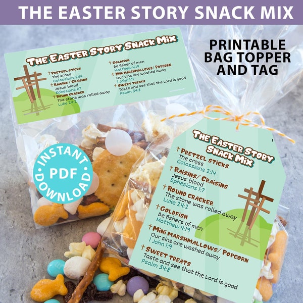 La historia de Pascua Snack Mix etiqueta imprimible y topper de bolsa, relleno de cesta de Pascua para niños, golosinas de Pascua, regalo de Pascua, DESCARGA INSTANTÁNEA