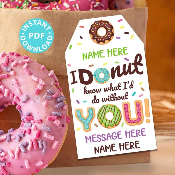 EDITABLE Thank You Gift Tags Donuts, School Teacher Nurse Bus Driver Staff Employee Appreciation Week, I Donut Know what I'd do without you