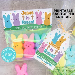 Easter Peeps Printable Tag and Bag Topper, Jesus is Risen Tell all Your Peeps, Religious Easter Basket Filler for Kids, INSTANT DOWNLOAD image 1
