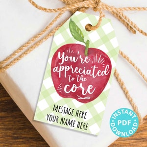 EDITABLE Teacher Appreciation Gift Tags Printable, Teacher Thank You Gift Tags, You&#39;re Appreciated to the Core, Staff, INSTANT DOWNLOAD