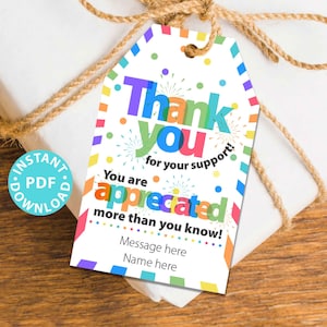 Danke Geschenkanhänger zum Ausdrucken, Lehrer Anerkennung, Krankenschwester, Personal, Fahrer, Assistent, Danke für Ihre Unterstützung, bearbeitbar, INSTANT DOWNLOAD